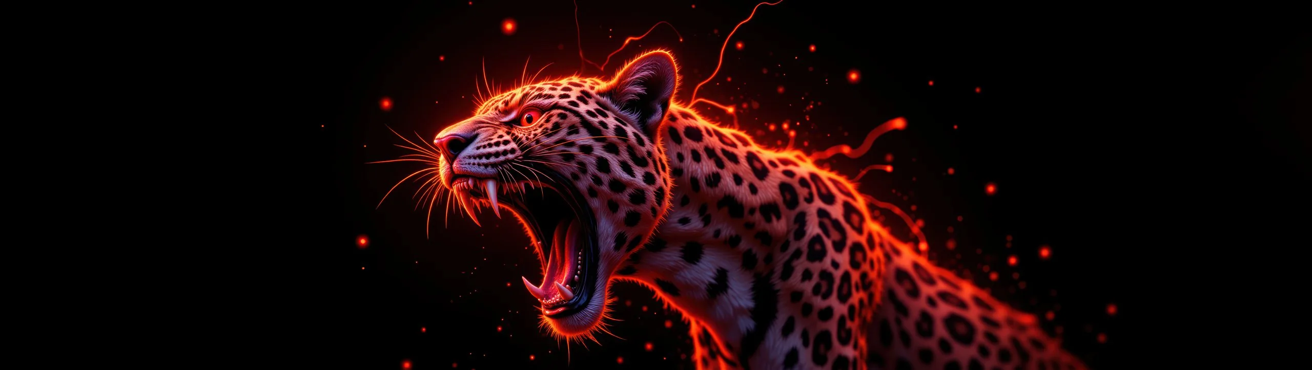 A roaring saber-toothed leopard rendered in electric neon red on black, super-ultrawide