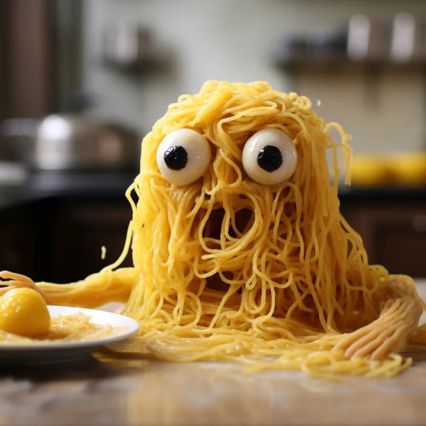 Photoreal spaghetti monster with googly eyes slumped across a kitchen counter