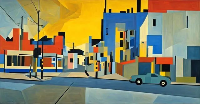 The same Amsterdam street re-rendered as a cubist painting