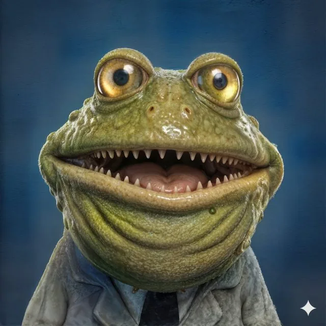 Hyper-detailed portrait of a toad-headed man in a grey suit with golden eyes and a toothy grin