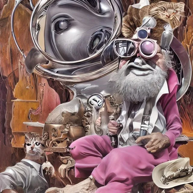 Surreal western scene: a bearded old-timer in a pink suit with jeweler goggles surrounded by cats and molten chrome forms