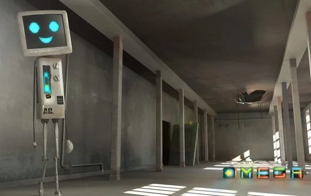 The 2013 Omega Darling robot with a monitor head and glowing smiley face standing in a sunlit derelict warehouse