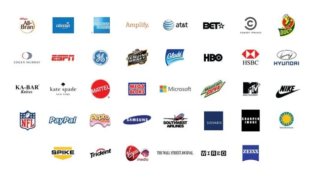 A wall of thirty-five client logos including Kellogg's, ESPN, HBO, Microsoft, PayPal, Samsung, and Wired