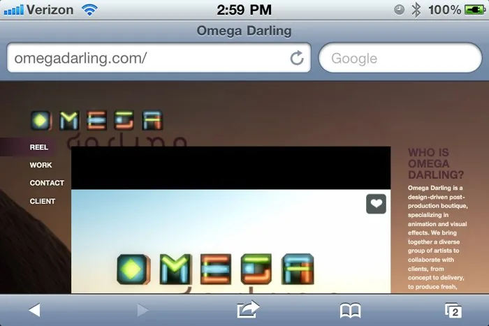 Safari screenshot on an iPhone 4 showing omegadarling.com circa 2011