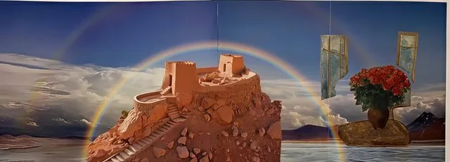 Wide surreal collage panorama: an adobe fortress under a double rainbow, floating window frames, a vase of red flowers on a lake