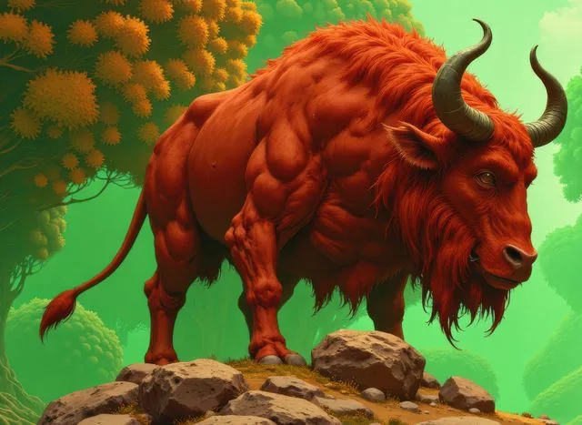 Illustrated crimson bison with sweeping horns standing on a rocky outcrop against an emerald forest