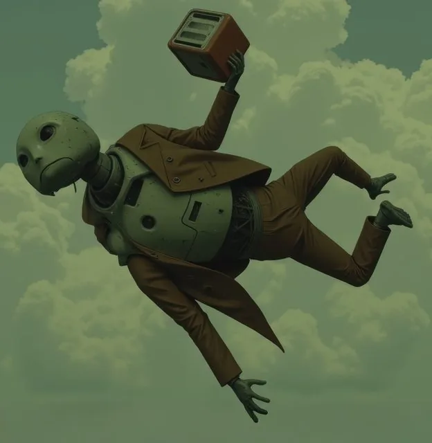 A sad-faced green robot in a rumpled brown suit tumbling weightlessly through olive clouds holding a vintage radio