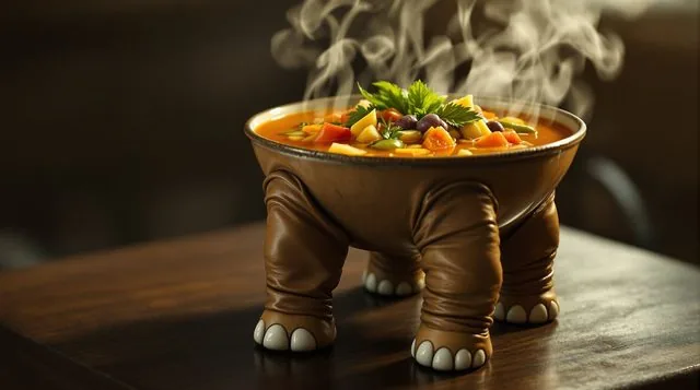 Photoreal still of a steaming bowl of minestrone standing on four wrinkled elephant legs on a wooden table