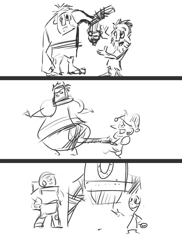 Rough storyboard sketches featuring a caveman, viking, and UFO