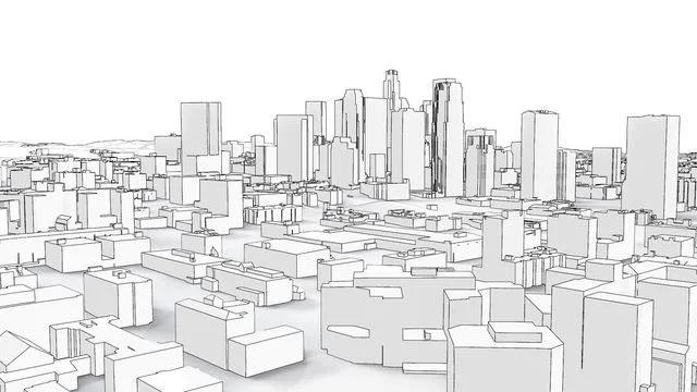 Toon-shaded line-art render of the same 3D Los Angeles skyline