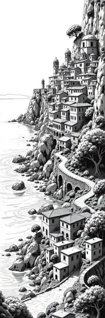 Intricate black-and-white etching-style bookmark of a Mediterranean cliffside village cascading to the sea