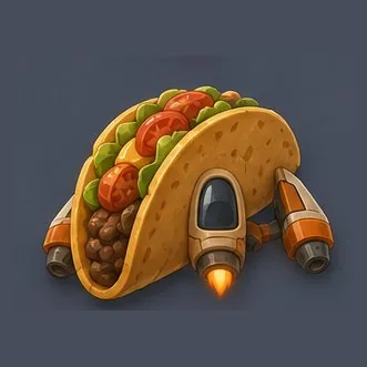 Game sprite of a taco converted into a rocket ship with boosters and a cockpit
