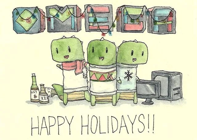 A watercolor holiday card: the Omega Darling block logo strung with lights above three green dino mascots in winter sweaters next to a computer tower