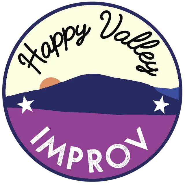 Circular Happy Valley Improv badge logo with an orange sun setting behind a navy mountain ridge