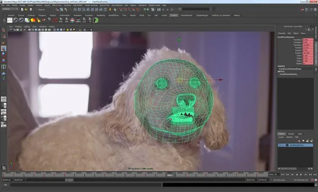 Maya screenshot of a green wireframe head match-moved over live footage of Lucy looking at camera