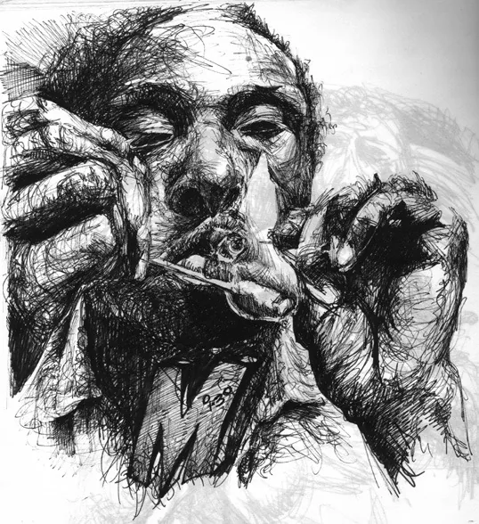 A man smoking, drawn entirely in dense overlapping scribble so the face resolves out of the tangle