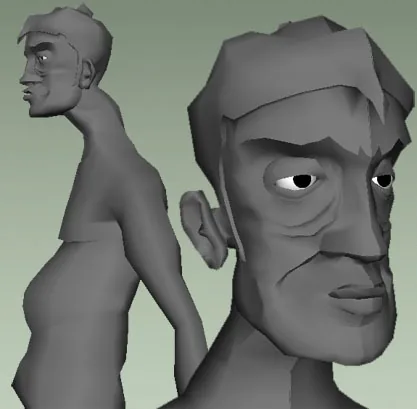 Untextured grey 3D character model shown from the side and the front: lean figure, long jaw, heavy brow