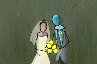 A bride in white beside a blue figure, a bouquet of glowing lightbulbs between them