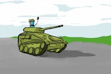 A small tank on a grey road under a pale cloudy sky, one figure waving from the hatch