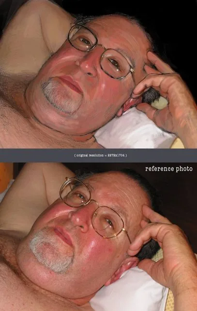 Painterly digital portrait study of an older reclining man with glasses, shown above its reference photo
