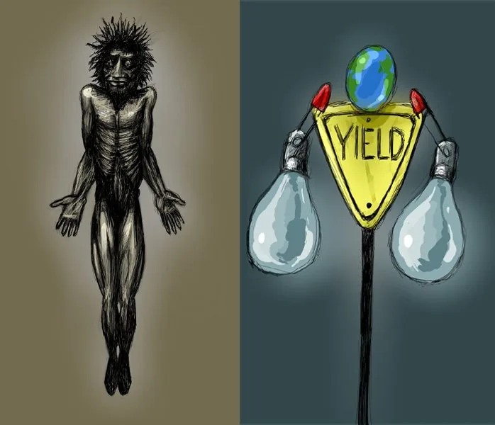 Diptych of a dark charcoal figure suspended mid-air and a color editorial illustration of a yield sign holding two lightbulbs