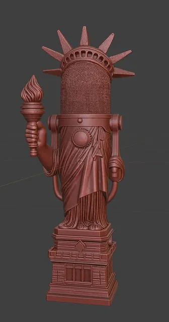 Front view of the Libby trophy sculpt in red clay shading: microphone-grille head with crown spikes, raised torch, draped robe and pedestal